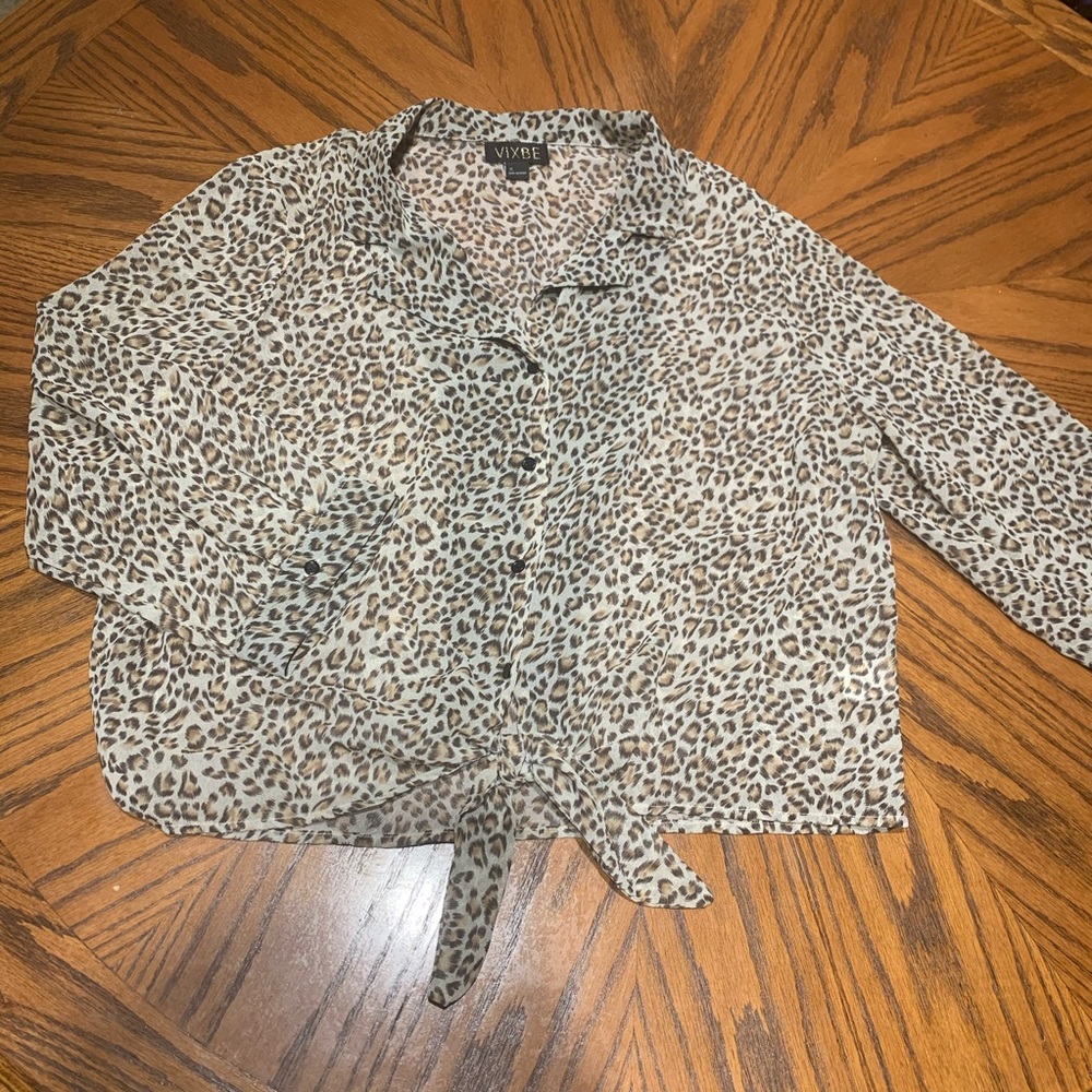 Sheer leopard print button down cropped blouse